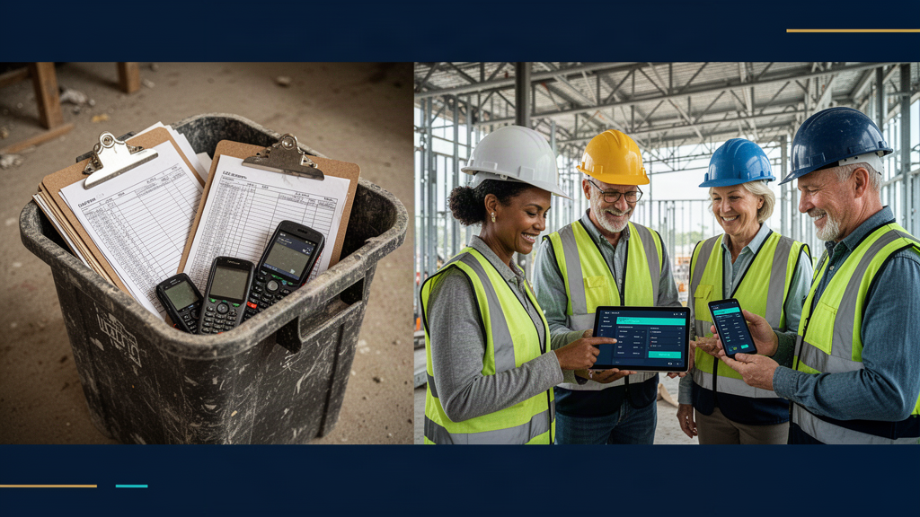Illustrative diverse field crew using tablets and smartphones while outdated paper forms go in a waste bin